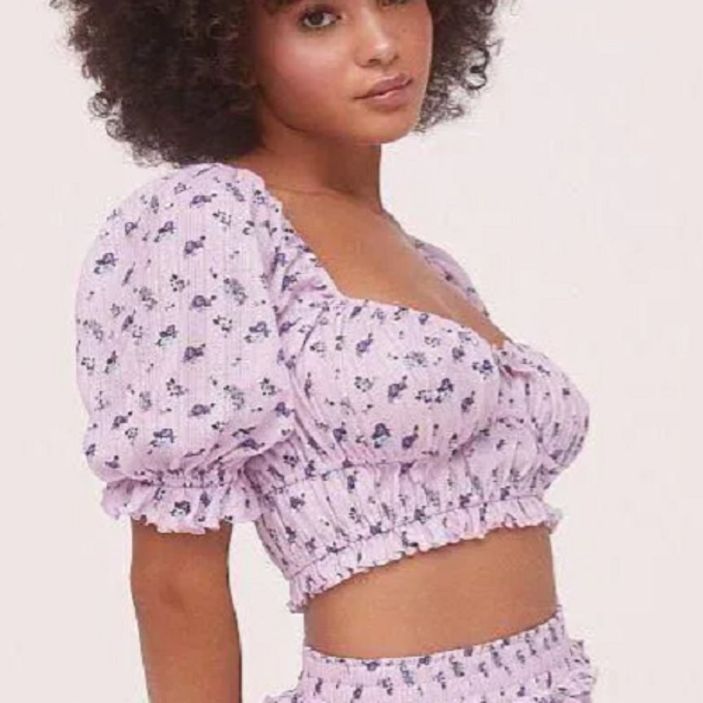 NEW For Love & Lemons Lola Pointelle Crop Top XS Pastel Purple Floral Ruched